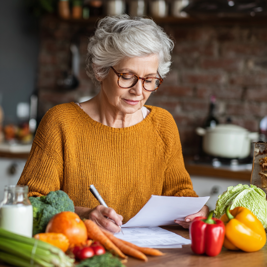 Mature adult reviewing nutrition plan with healthy ingredients
