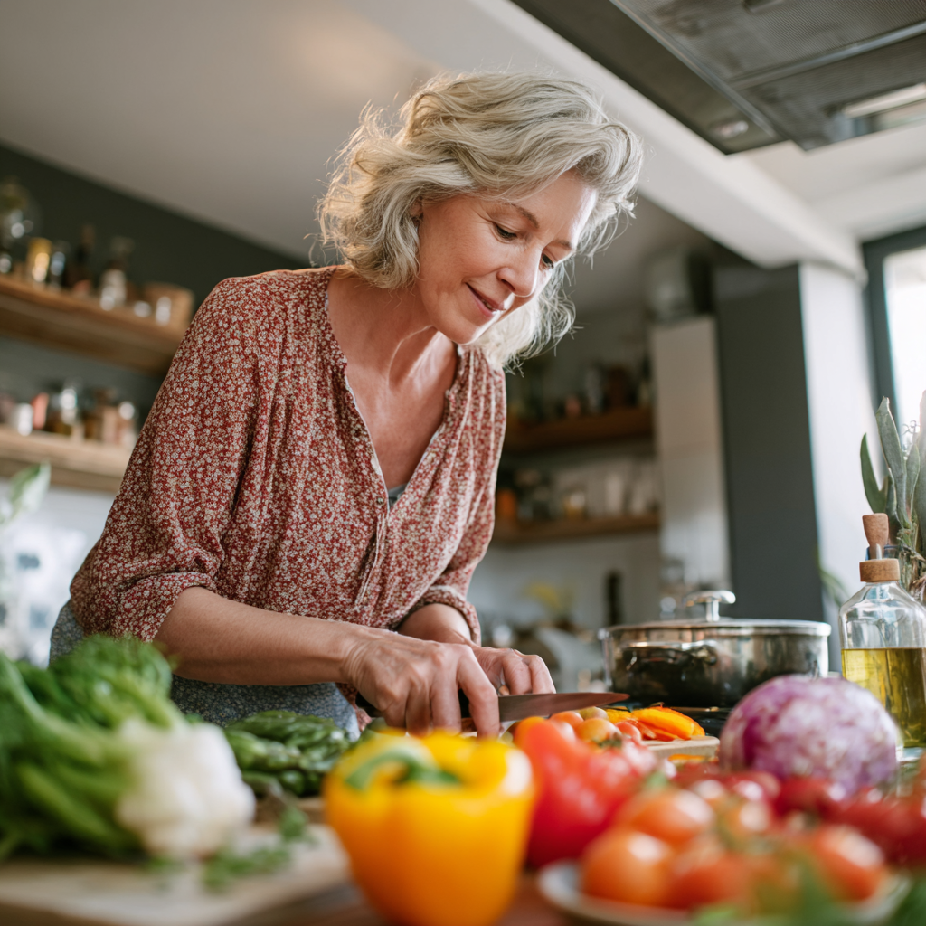 Middle-aged woman preparing fresh vegetables in modern kitchen
